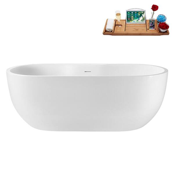 Streamline 65 in. x 29 in. Acrylic Freestanding Soaking Bathtub in Glossy White with Brushed GunMetal Drain, Bamboo Tray