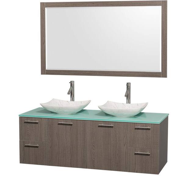 Wyndham Collection Amare 60 in. Double Vanity in Gray Oak with Glass Vanity Top in Green, Marble Sinks and 58 in. Mirror