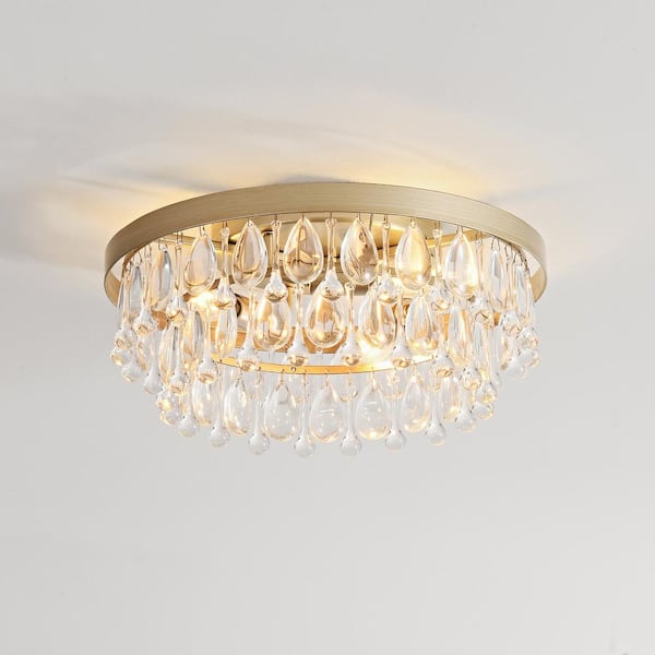 Jojospring Helen 15 in. W Brushed Champagne Silver 3-Light Flush Mount with Crystal Glass Teardrops