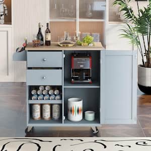 Gray Blue Rubber Wood Countertop 41.3 in. W Kitchen Island Cart with Spice Rack Towel Rack and 2-Drawers