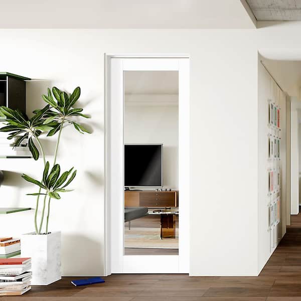 28 in. x 80 in. Full Lite Mirrored Glass White Primed, Composite Prehung Interior Door Right-Handed w/ Jamb and Hardware