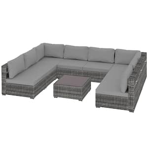 9-Piece Gray Wicker Patio Conversation Set with Light Gray Cushions and Coffee Table