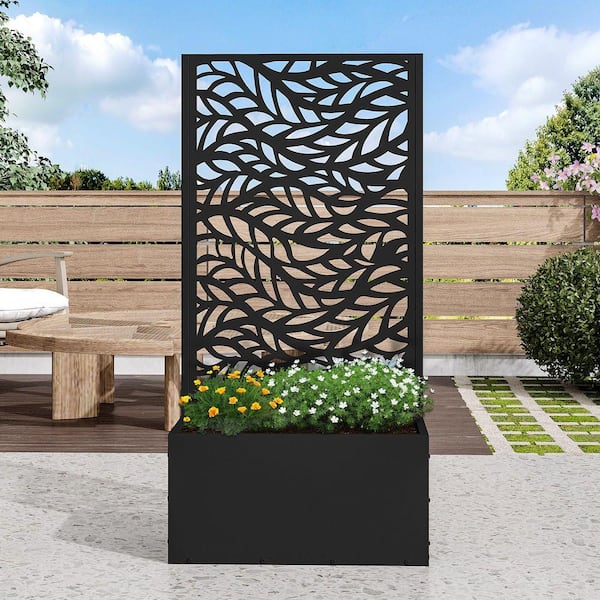 47 in. H x 24 in. W Rectanglar Black Outdoor Metal Privacy Screen Planter Box Wall Decor