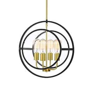 Orbit 4-Light Mid-Century Modern Black and Antique Gold Circular Chandelier with Clear Glass Panel