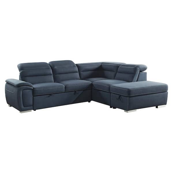 Lazzara Bowling 103 in. Straight Arm 3-piece Microfiber Sectional Sofa in Blue with Right Chaise and Storage Ottoman
