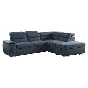 Bowling 103 in. Straight Arm 3-piece Microfiber Sectional Sofa in Blue with Right Chaise and Storage Ottoman
