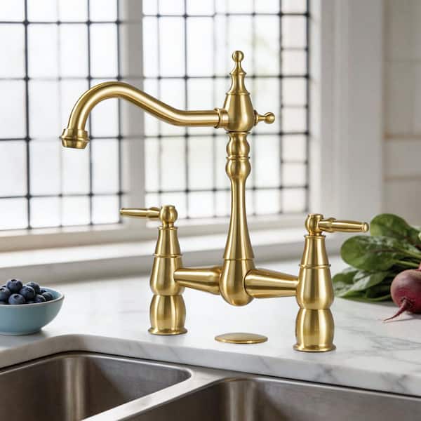 Double-Handle Bridge Kitchen Faucet Deck-Mount, 2 Hole Brass Kitchen Sink Faucet in Gold
