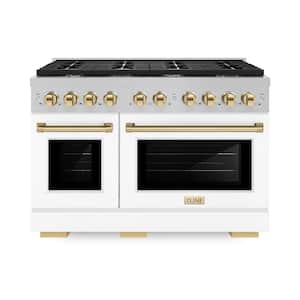 Autograph Edition 48 in. 8 Burner Double Oven Gas Range with White Matte Doors and Polished Gold Accents