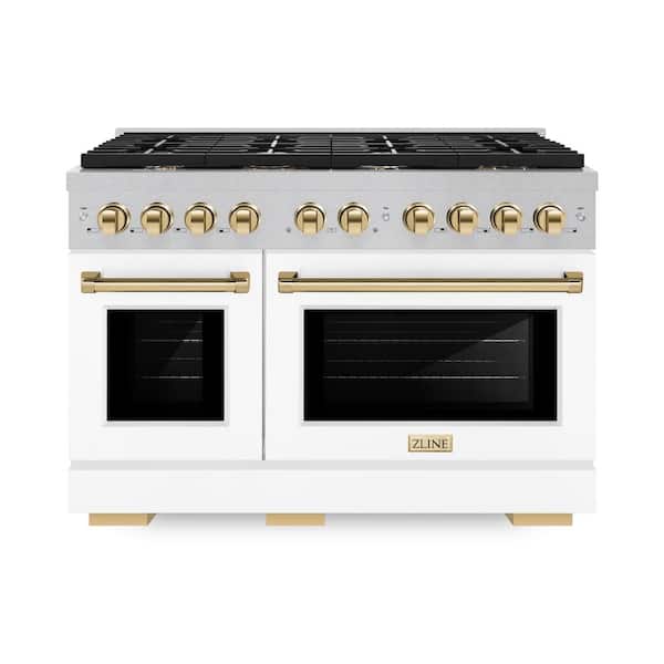 ZLINE Kitchen and Bath Autograph 48 in. Paramount Double Oven Gas Range with 8 Burners in Satin Steel with White Doors and Gold Accents