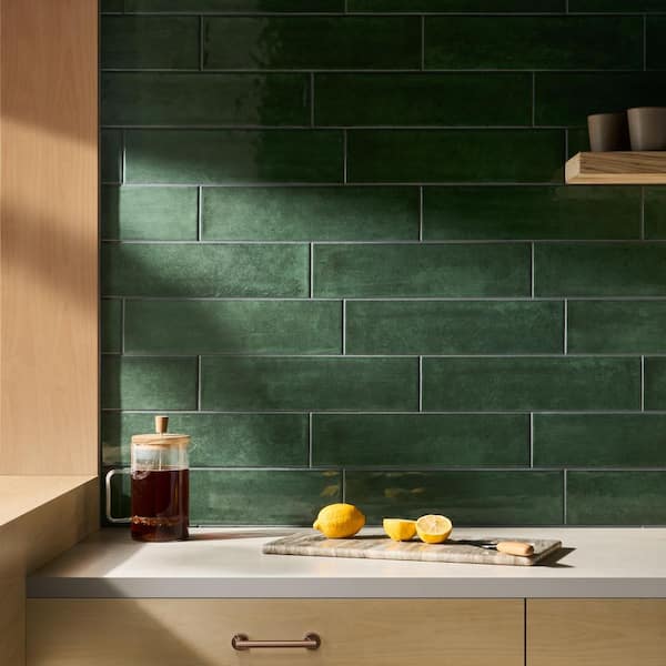 Alora Leaf Green 3.98 in. x 15.94 in. Glossy Ceramic Subway Wall Tile (16.72 sq. ft./Case)