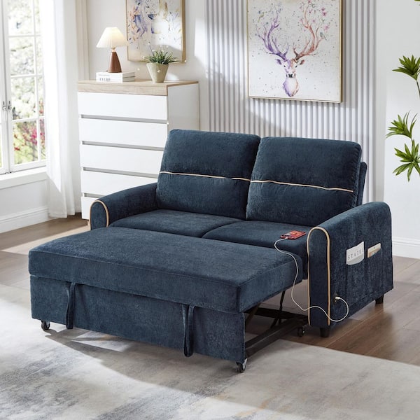 57.8 in. Blue Full Size Chenille Pull Out Sofa Bed with Adjustable 3-Position Backrest and Charging Ports