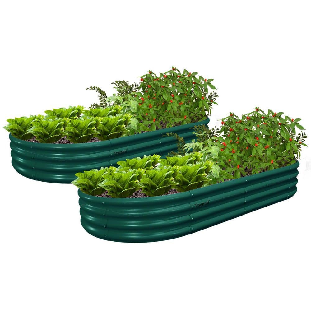 96 in. x 48 in. x 12 in. Green Oval Metal Outdoor Raised Garden Bed with Bo