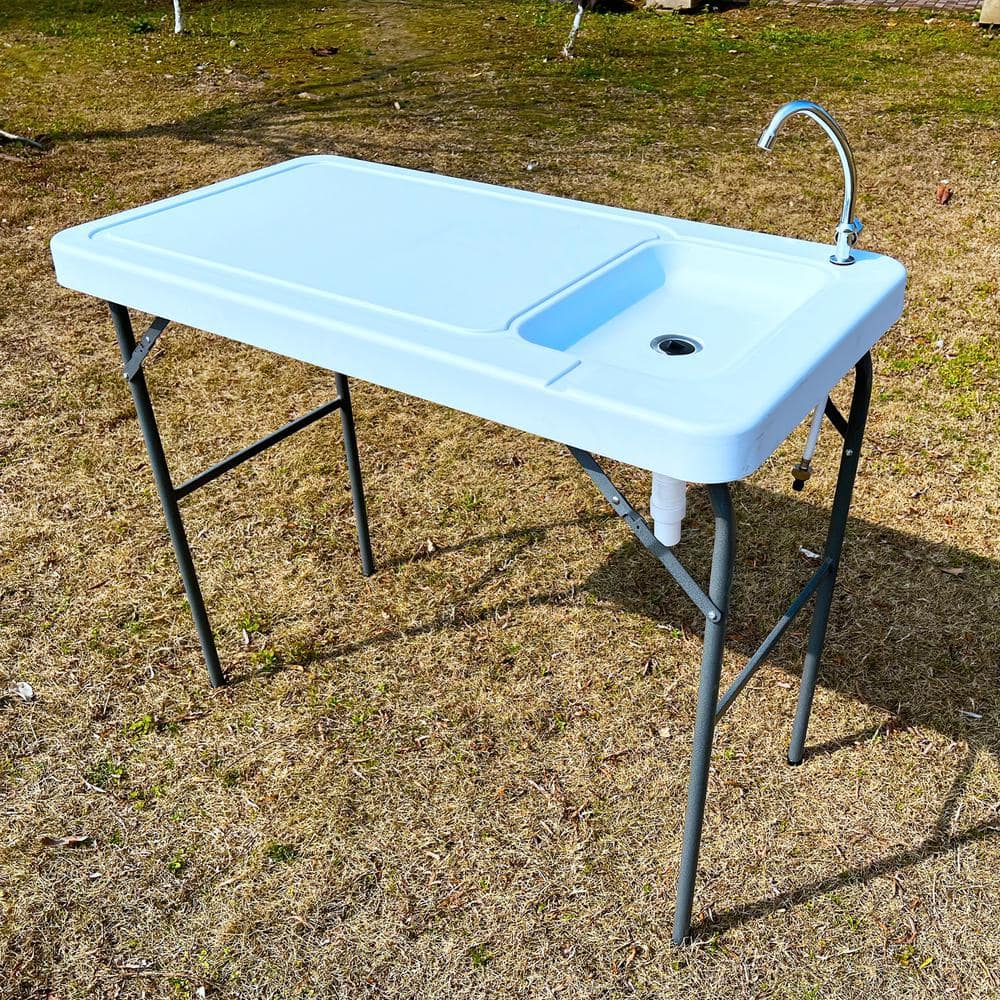 Portable White Plastic Fish Cleaning Table with Sink and Faucet