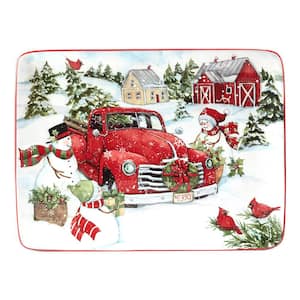 Red Truck Snowman 12 in. Multi-Colored Earthenware Serving Platter