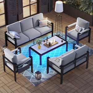 5-Piece Aluminum Patio Conversation Set with Light Gray Cushions LED Coffee Table and Movable Side Pocket