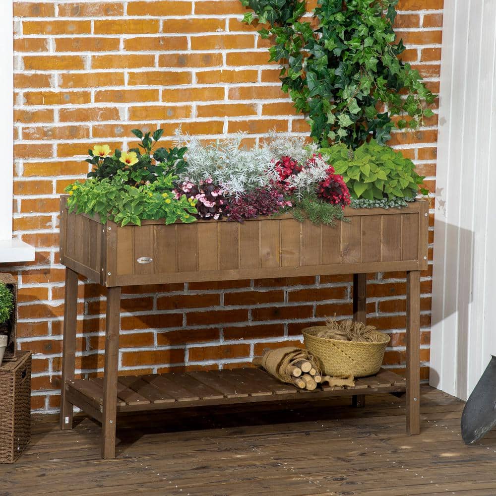 Dark Brown Fir Wood Raised Garden Bed with Storage Shelf