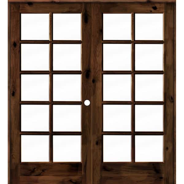 Krosswood Doors 72 in. x 80 in. Knotty Alder Left-Handed 10-Lite Clear Glass Red Mahogany Stain Wood Double Prehung French Door