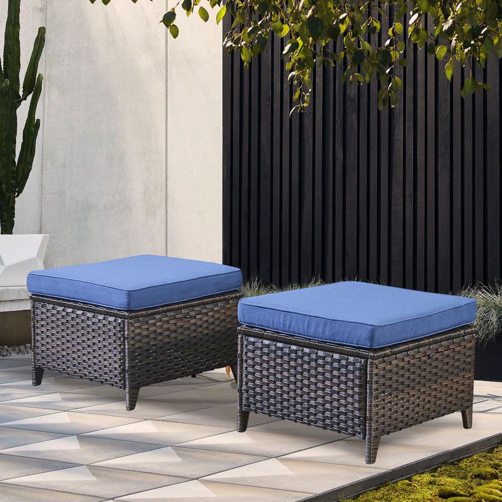 Brown Wicker Outdoor Ottoman, All-Weather Patio Ottomans (Set of 2) PE Wicker Steel Frame with Blue Cushions (2-Pack)