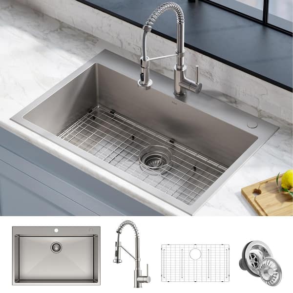 Loften 33 in. Drop-In/Undermount Single Bowl 18 Gauge Stainless Steel Kitchen Sink with Stainless Steel Pull Down Faucet