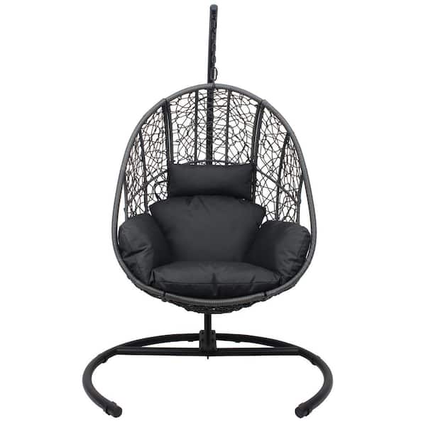 Cesicia 1-Person Wicker Patio Swing Chair with Gray Cushion and Base Stand
