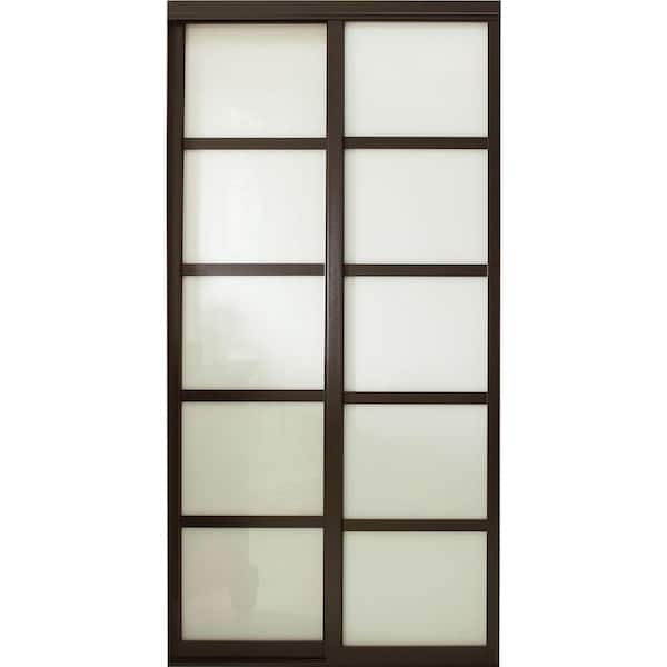 Contractors Wardrobe 96 in. x 96 in. Tranquility 5-Lite Espresso Wood Frame White Back Painted Glass Panels Interior Sliding Closet Door