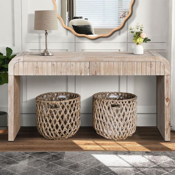 Vintage Farmhouse 59 in. Natural Wood Rectangle Solid Wood MDF Console Table with Hidden Drawers