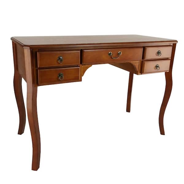 Benjara 45 in. Rectangular Brown Wood 5-Drawer Writing Desk with Cabriole Legs