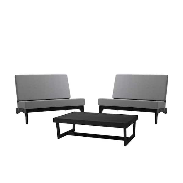 4-Seat 3-Piece Teak Black Outdoor Loveseat Conversation Set With Removable Gray Cushions and Coffee table