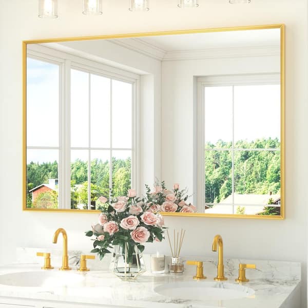 55 in. W x 36 in. H Rectangle Aluminum Framed Wall Bathroom Vanity Mirror in Gold