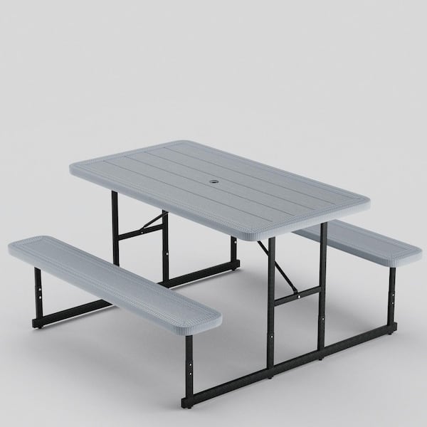 1-Piece Plastic Outdoor Dining Set Picnic Table Bench Set for 2-4 People Outdoor Rectangular Camping Table Gray