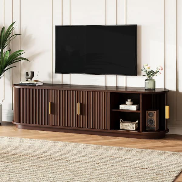Farmhouse Walnut Wooden TV Stand Fits TVs up to 75 in. with Sliding Tambour Doors and Adjustable Storage