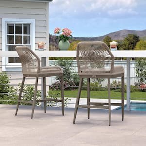 Modern Aluminum Twill Wicker Woven Bar Height Outdoor Bar Stool with Back and Sunbrella Taupe Cushion (2-Pack)