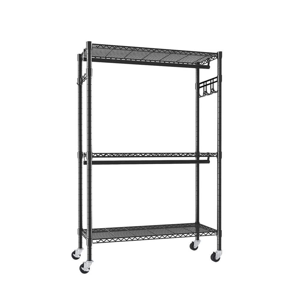 35 in. W x 71 in. H 3 Tiers Rolling Adjustable Wire Shelving Metal Clothes Rack with 2 Clothes Rails and Hooks, Black