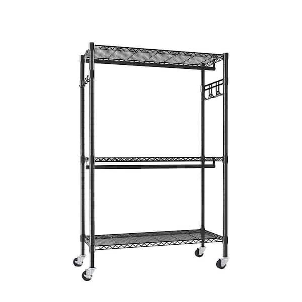 35 in. W x 71 in. H 3-Tiers Rolling Adjustable Wire Shelving Metal Clothes Rack with 2-Clothes Rails and Hooks, Black