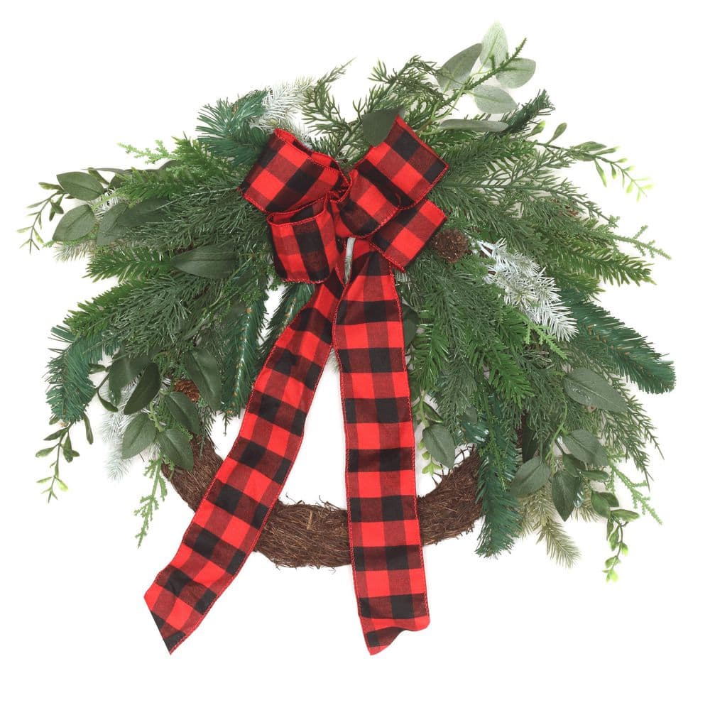 22 in. Artificial Christmas Mixed Pine and Bow Wreath