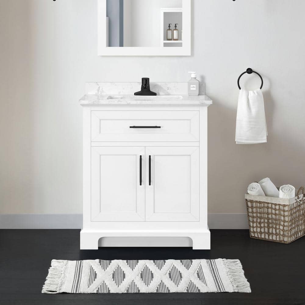 Home Decorators Collection Doveton 30 in. W x 19 in. D x 34 in. H Single Sink Bath Vanity in White with White Engineered Marble Top