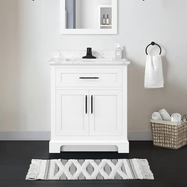 Home Decorators Collection Doveton 30 in. Single Sink Freestanding White Bath Vanity with White Engineered Marble Top (Fully Assembled)