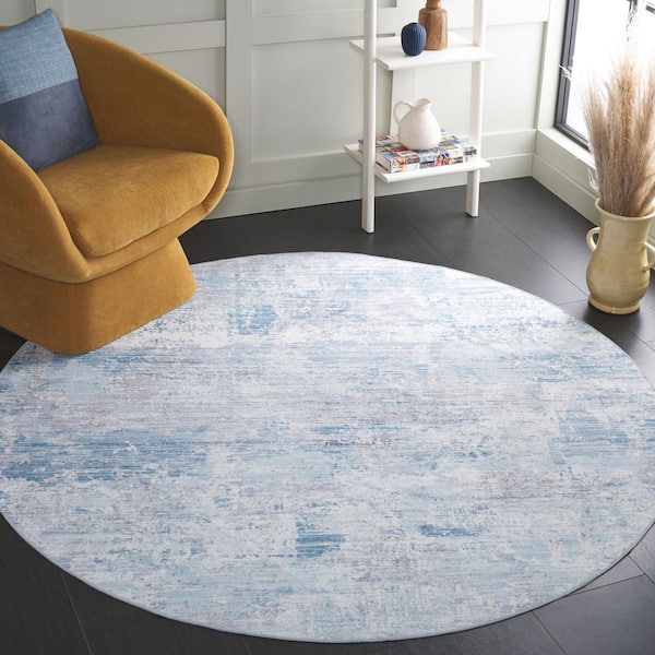 Malibu Gray/Light Blue 6 ft. x 6 ft. Machine Washable Patchy Abstract Round Area Rug
