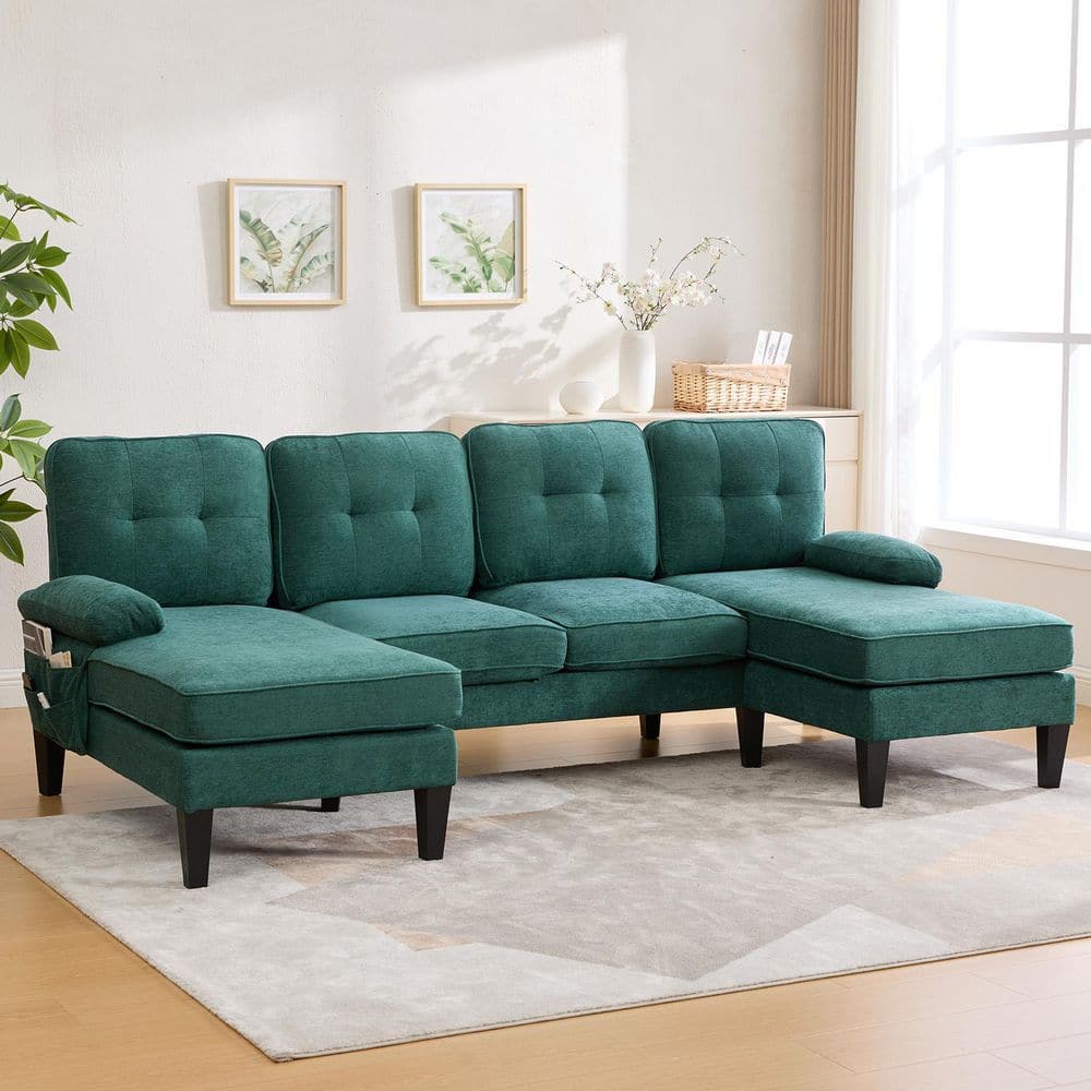100 in. Arm 4-piece U-Shape Modern Linen Upholstered Sectional Sofa with Double Chaises and Side Pocket in Emerald price history on PriceWatchPro