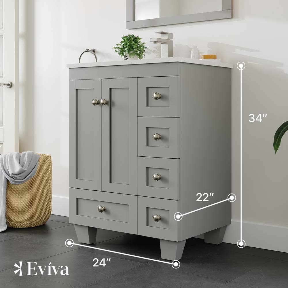 Gray Solid Wood Bathroom Vanity with White Quartz Top, 24-inch