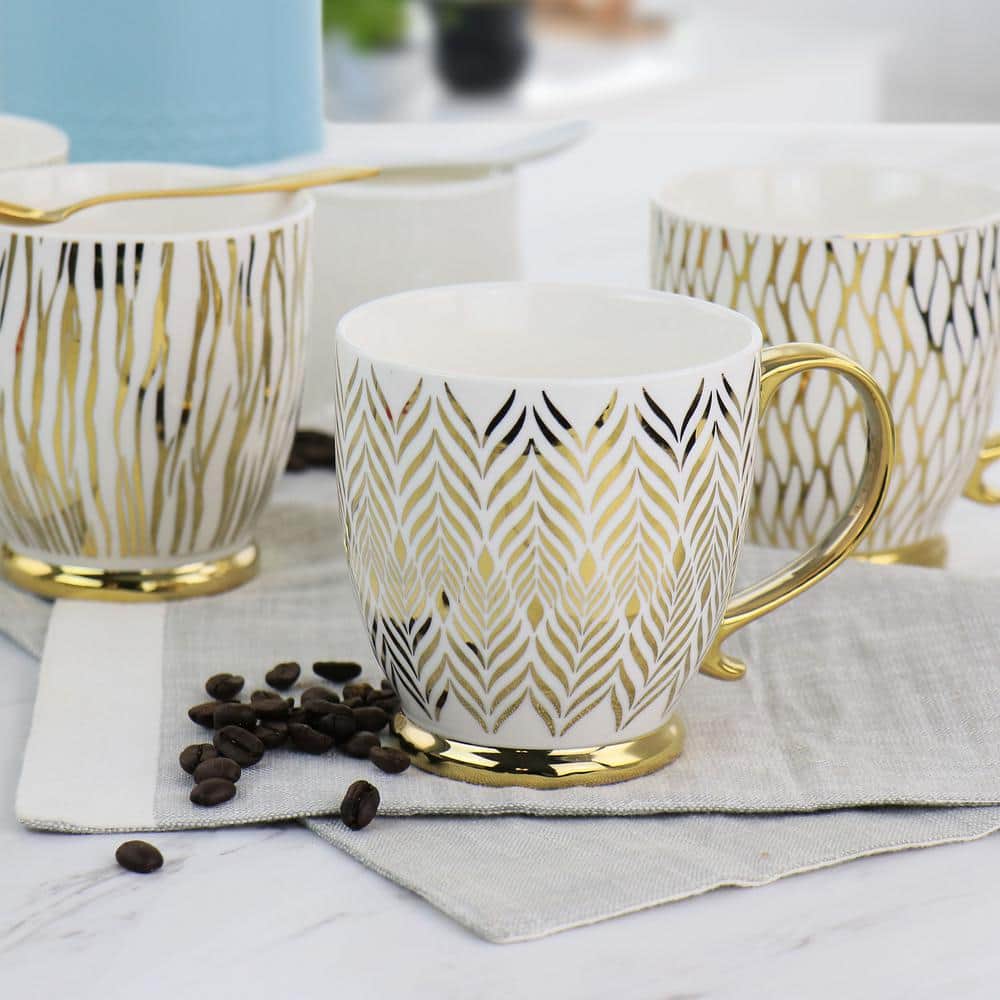 Gold Electroplated Fine Ceramic Mug Set, 4-Piece, White and Gold