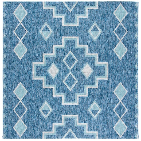 SAFAVIEH Courtyard Navy/Aqua 4 ft. x 4 ft. Aztec Tribal Indoor/Outdoor Patio  Square Area Rug