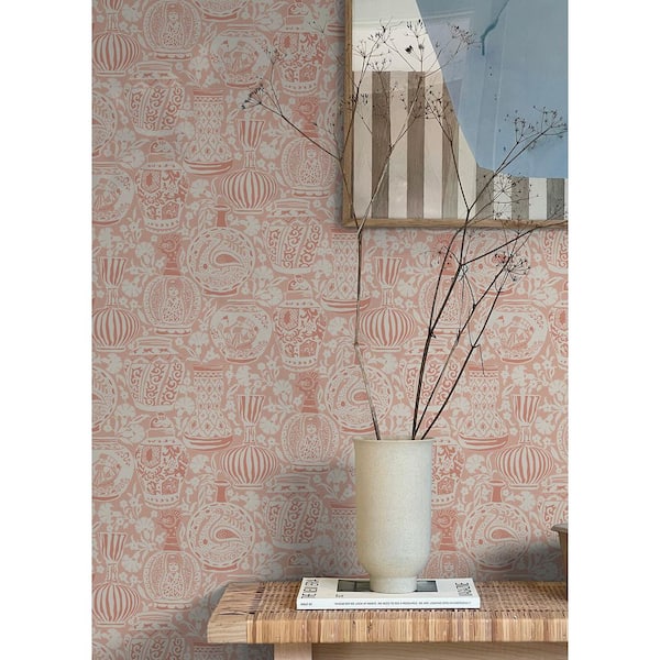 Delft Pottery Peach Pink Peel and Stick Wallpaper