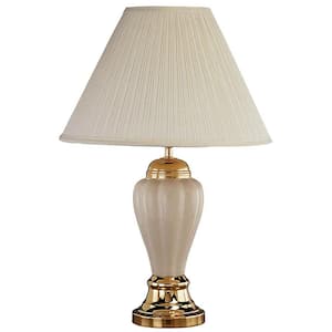 27 in. Beige Ceramic Standard Light Bulb Bedside Table Lamp with Off-White Linen Shade