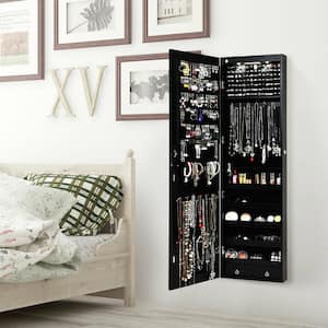 Wall and Door Black Mounted Mirrored Jewelry Cabinet Storage Organizer with Lights and Drawer