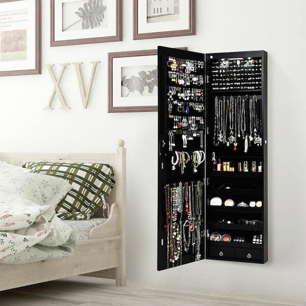 Wall and Door Black Mounted Mirrored Jewelry Cabinet Storage Organizer with Lights and Drawer
