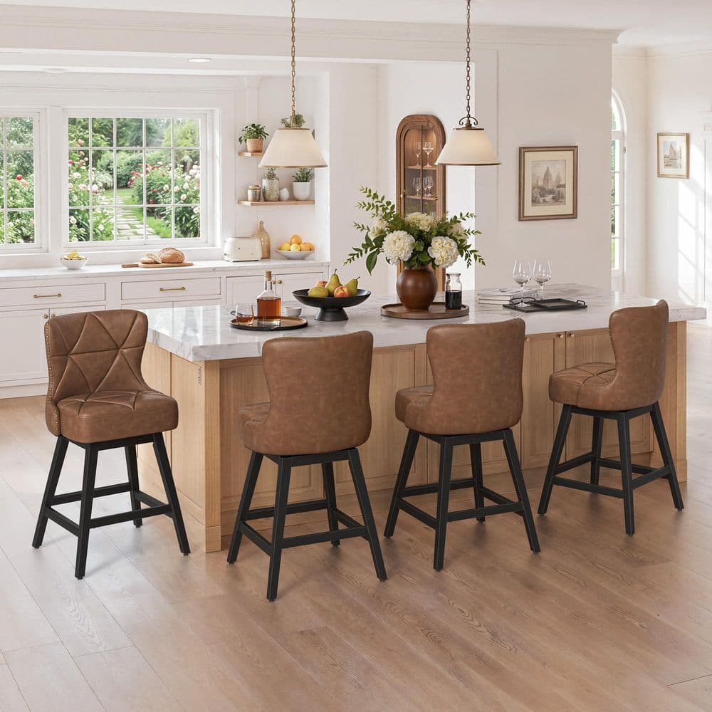 Modern 26 in. High Back Brown Faux Leather Swivel Counter Height Bar Stool Metal leg Upholstered Bar Stool (Set of 4)