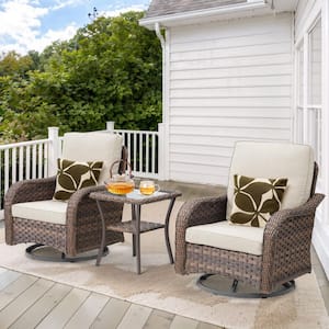 Nyajiah 3-Piece Brown Swivel Rocking Chair Wicker Outdoor Patio Lounge Chair with Beige Cushions, Side Table