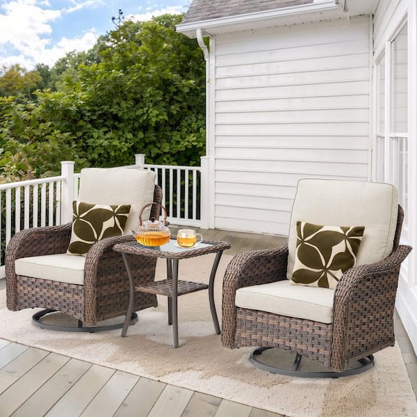 Buenaola Nyajiah 3-Piece Brown Swivel Rocking Chair Wicker Outdoor Patio Lounge Chair with Beige Cushions, Side Table