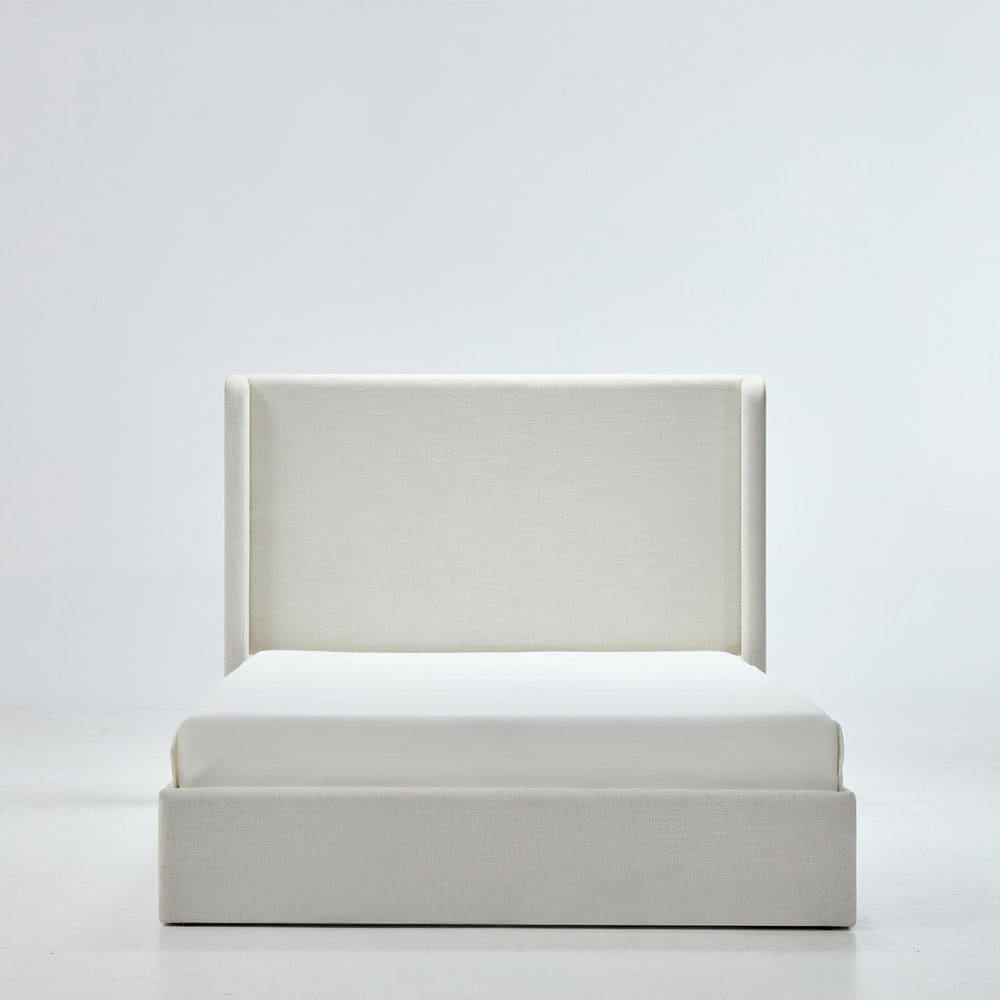 Frasier White Metal Frame King Size Platform Bed with Upholstered Wingback High Headboard, Ivory - thumbnail 2